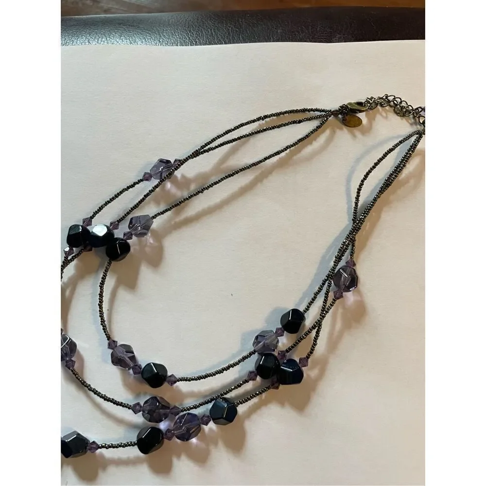 Lia Sophia  3 Strand Beaded Necklace Purple  and Black Stone.